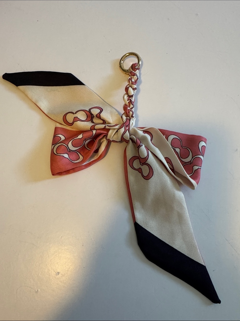 Braided Loop Bow Scarf Keychain in Coral and Cream